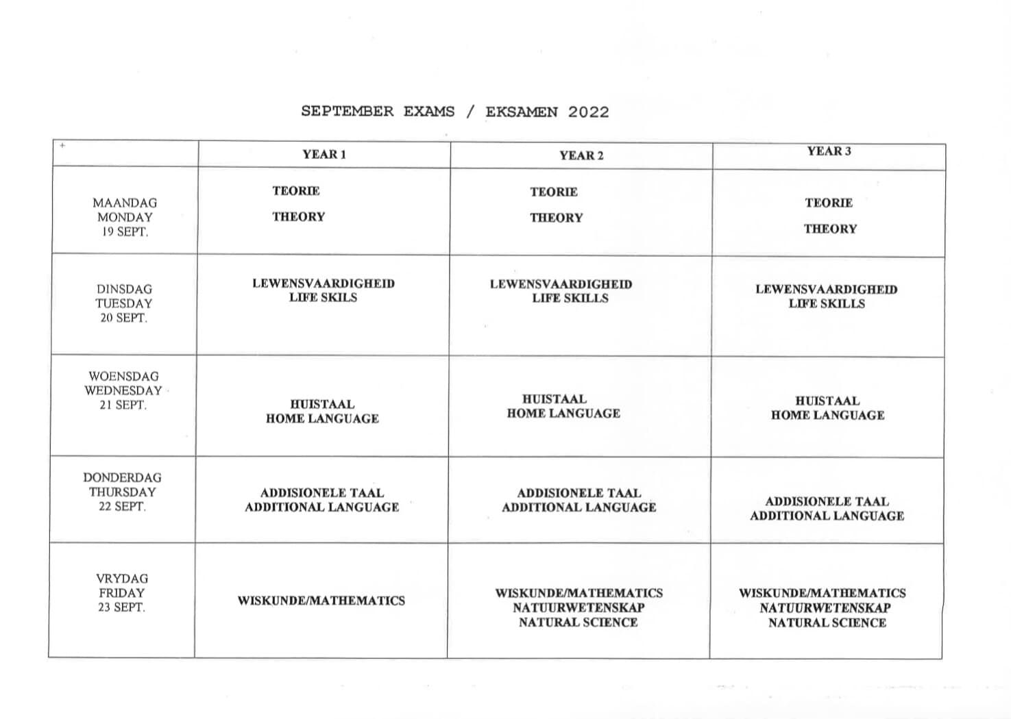 Read more about the article Year 1, 2 & 3 September Exam Timetable