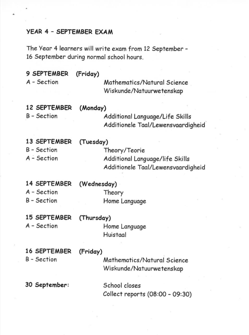 Read more about the article Year 4 September Exam Timetable